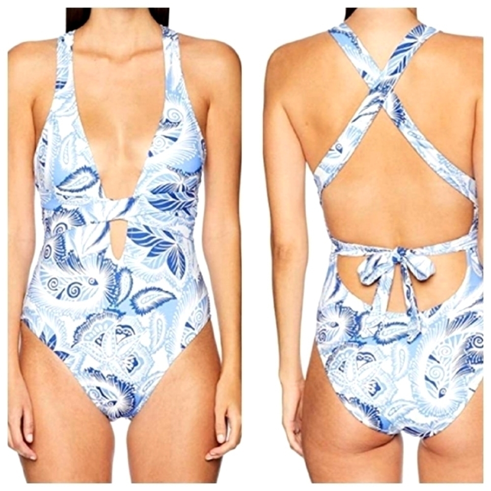 NEW! LETARTE Maui Hawaii Paisley Tropical Leaf One Piece Bathing Swimsuit Small.